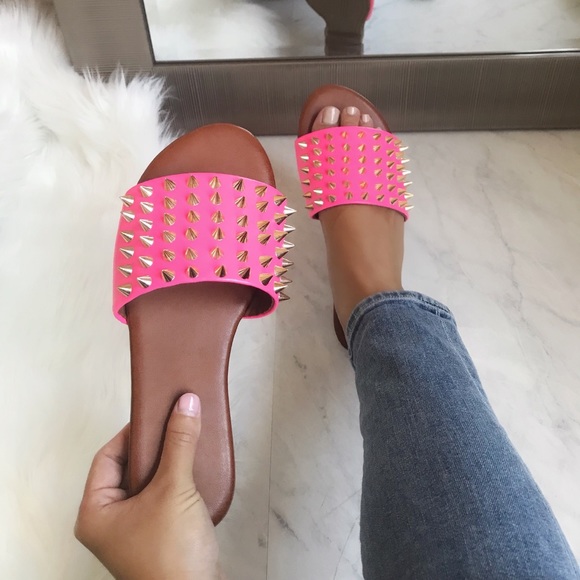 Shoes - Neon Pink Studded Slide Sandal